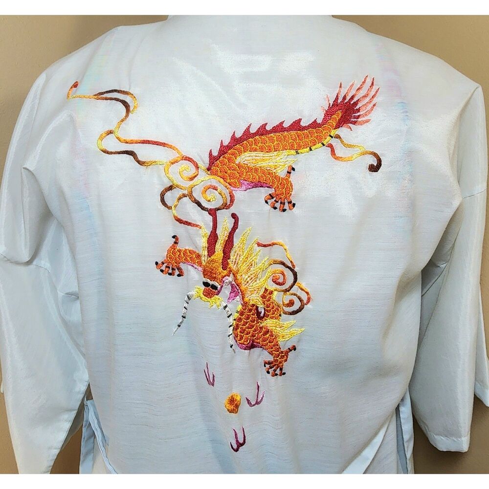 Vintage Dragon Embroidered Kimono Robe Sheer Lightweight Lounge Spa